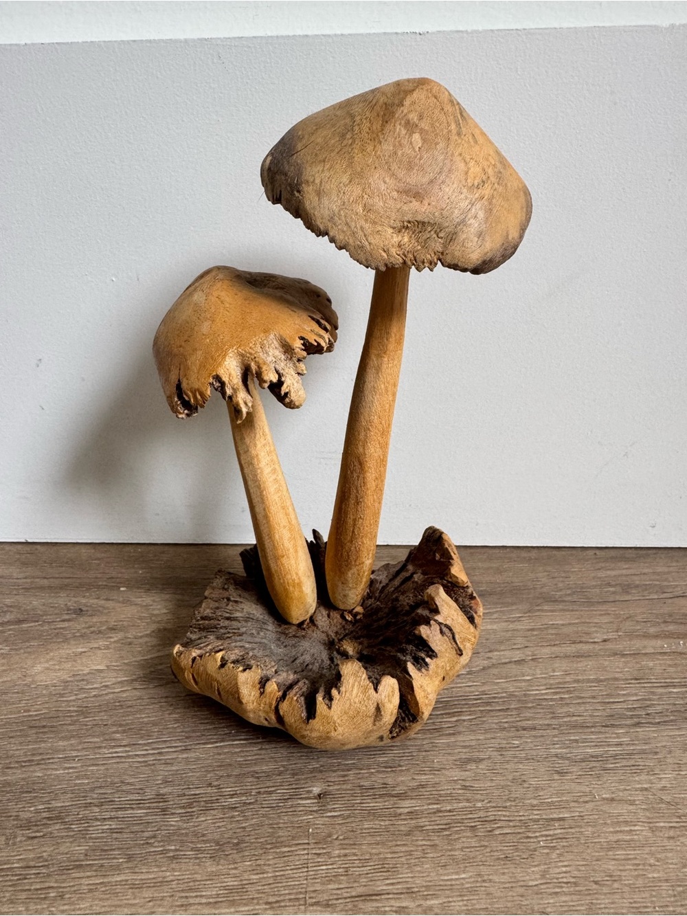 Handcrafted Wooden Mushroom Sculpture in Natural Brown. Approx 8 inches